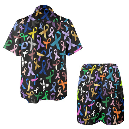 Breast Cancer Awareness Colorful Print Men's Beach Shirt and Shorts Set