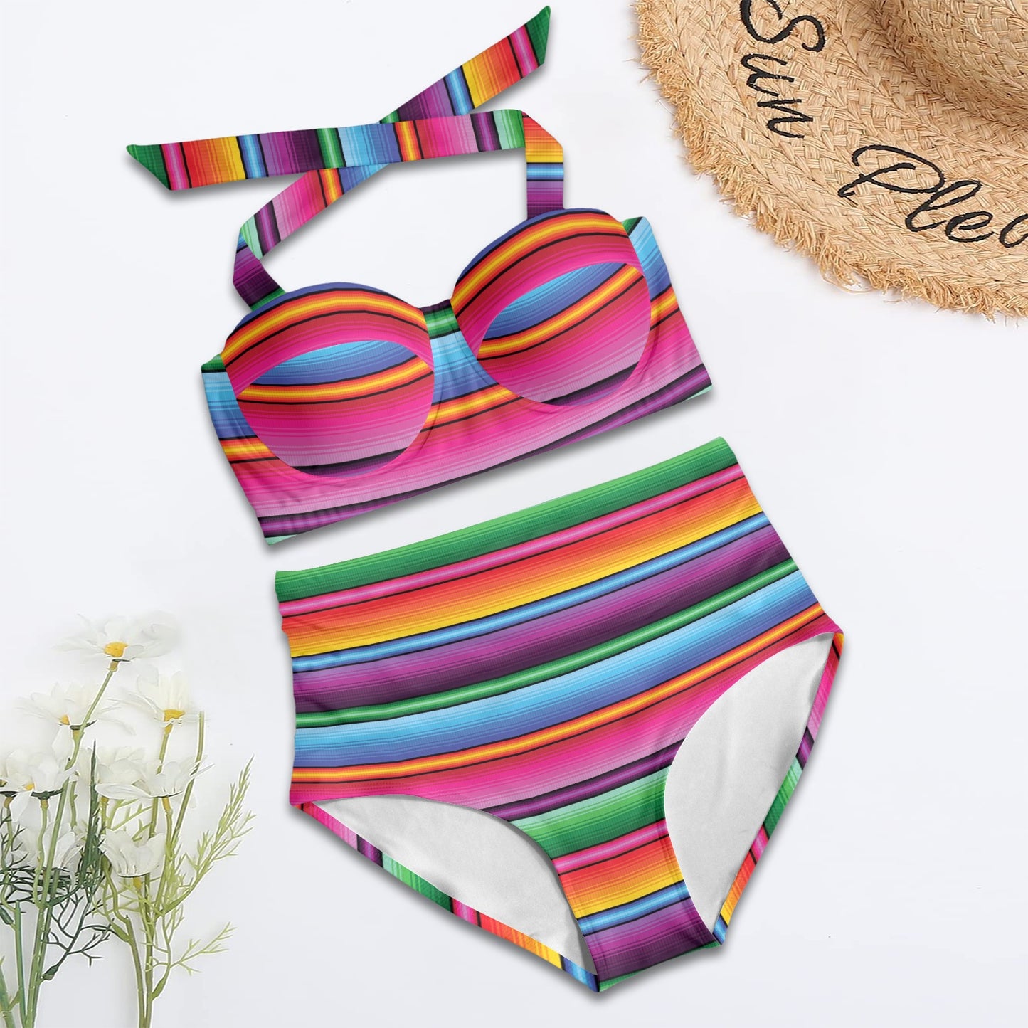 Mexican Blanket Colorful Print Pattern Halter Neck Bikini Swimsuit