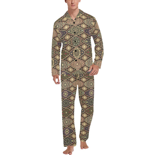 Mandala Motif Themed Design Print Men's Long Pajama Set