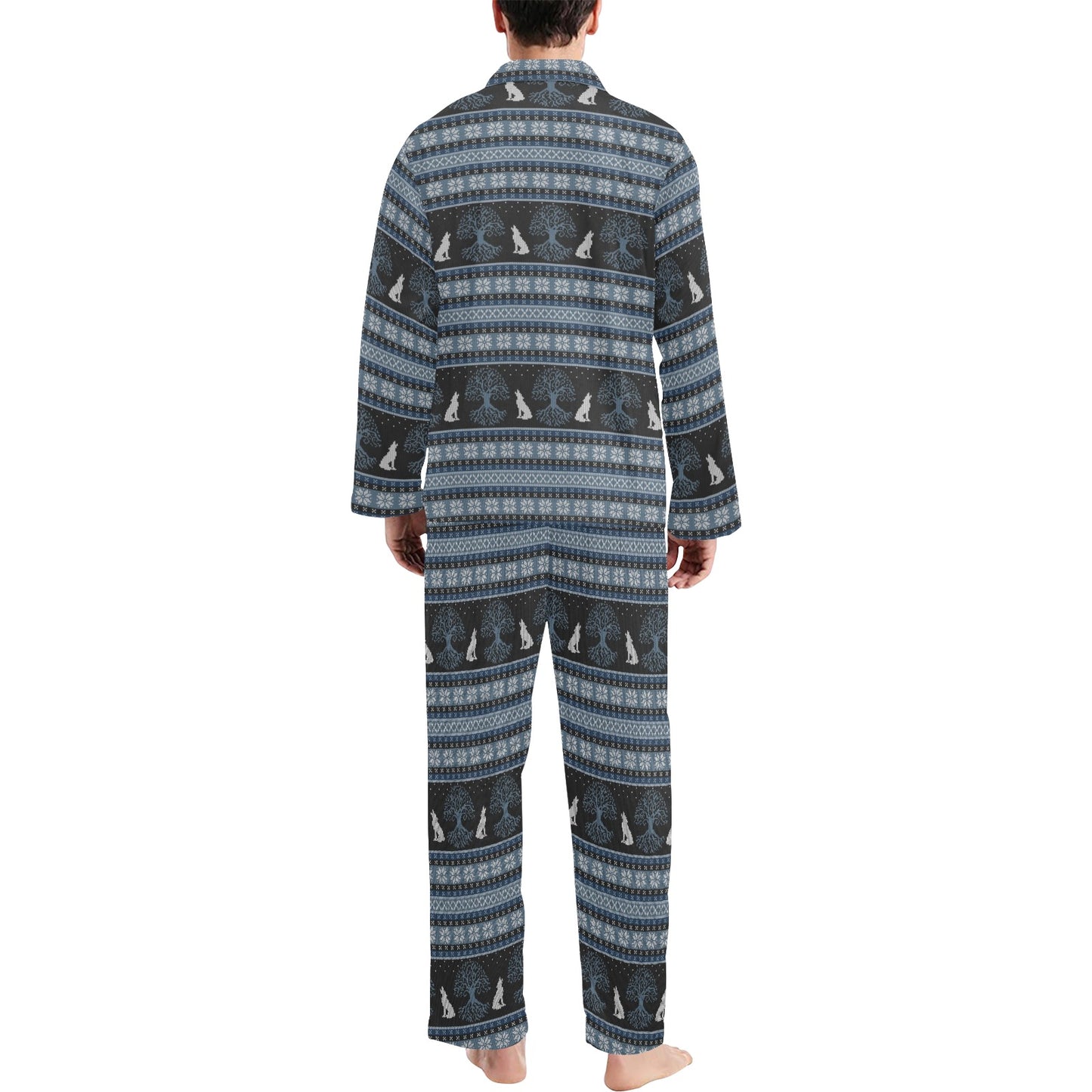 Wolf Tree of Life Knit Design Print Men's Long Pajama Set