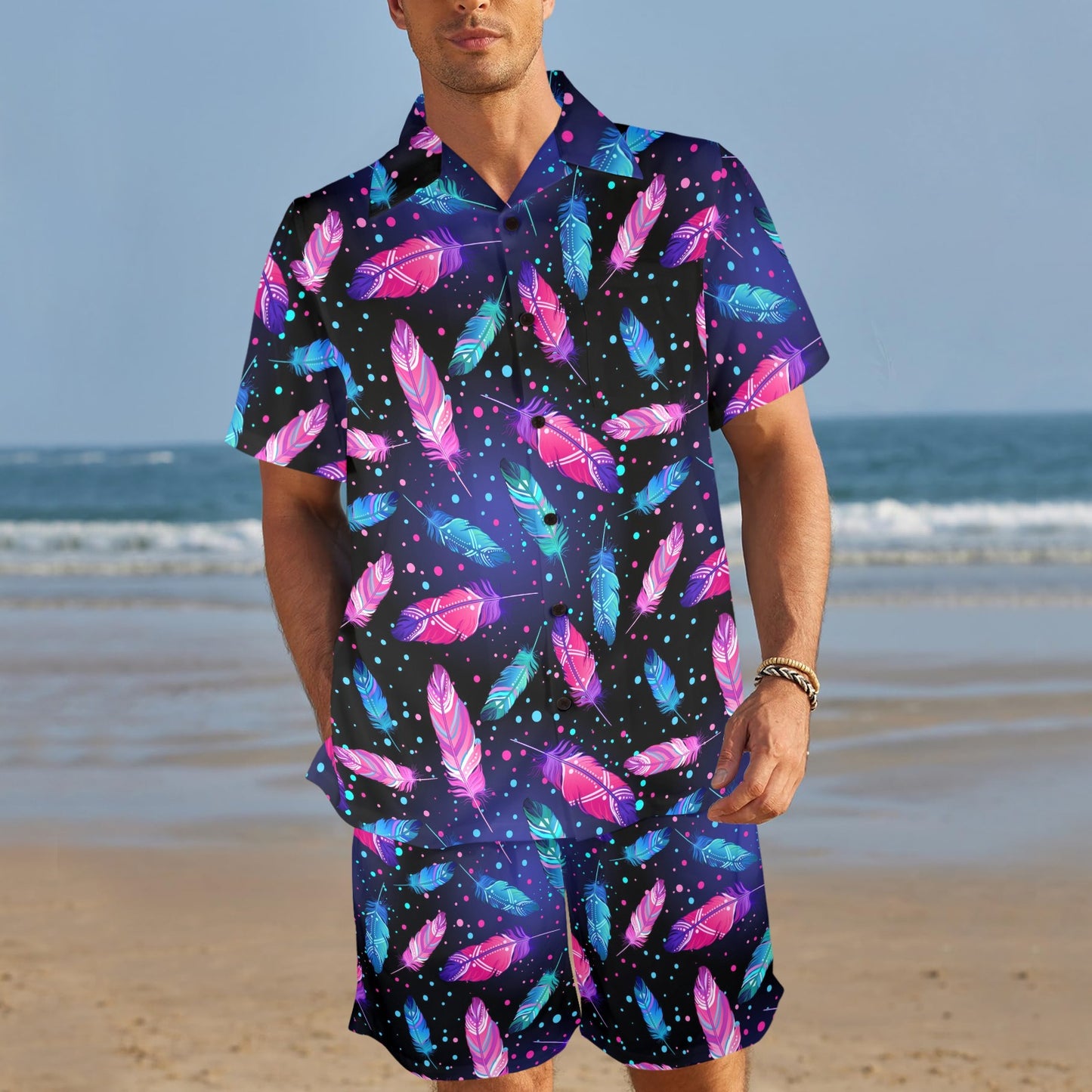 Feather Colorful Boho Design Print Men's Beach Shirt and Shorts Set