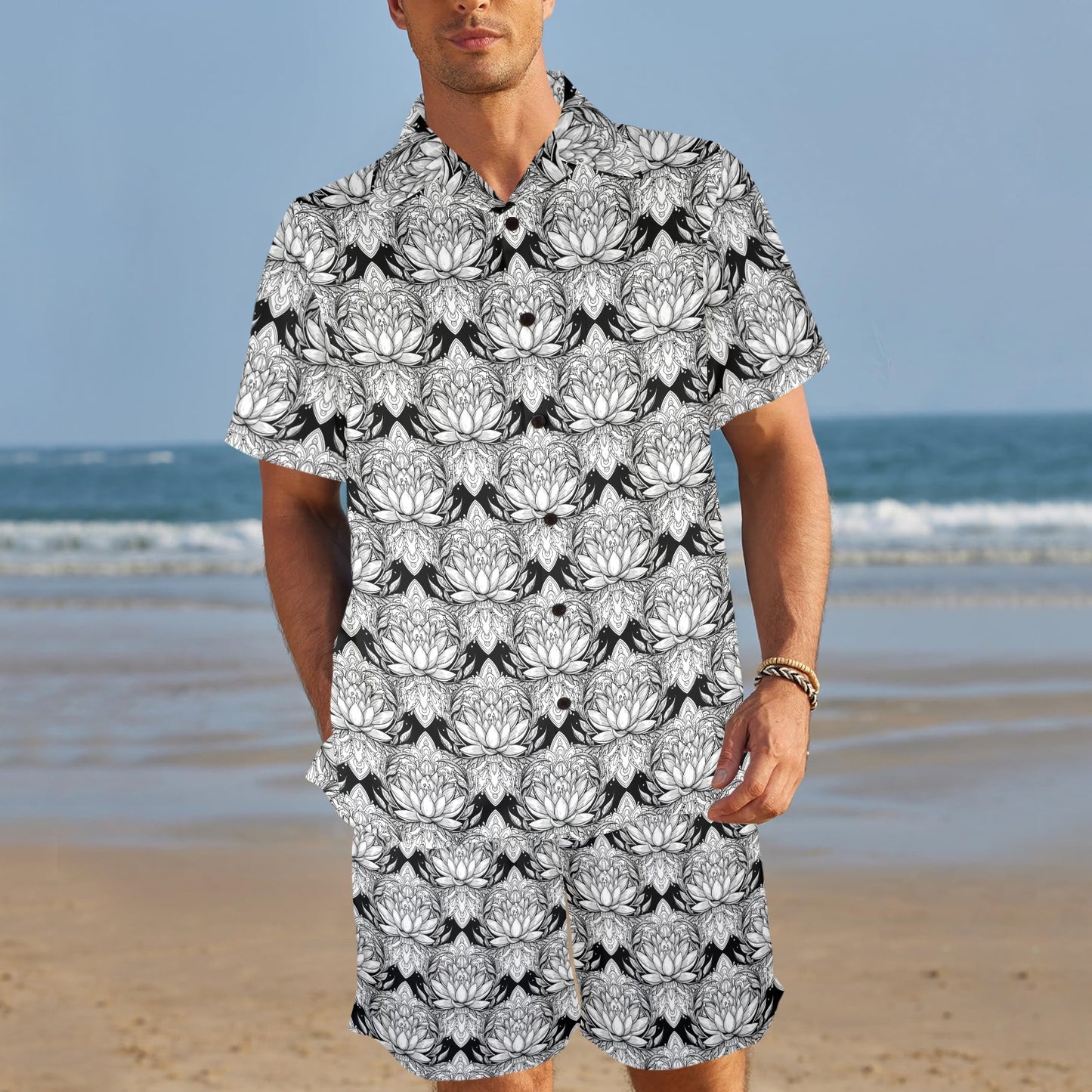 Lotus Mandala Print Pattern Men's Beach Shirt and Shorts Set