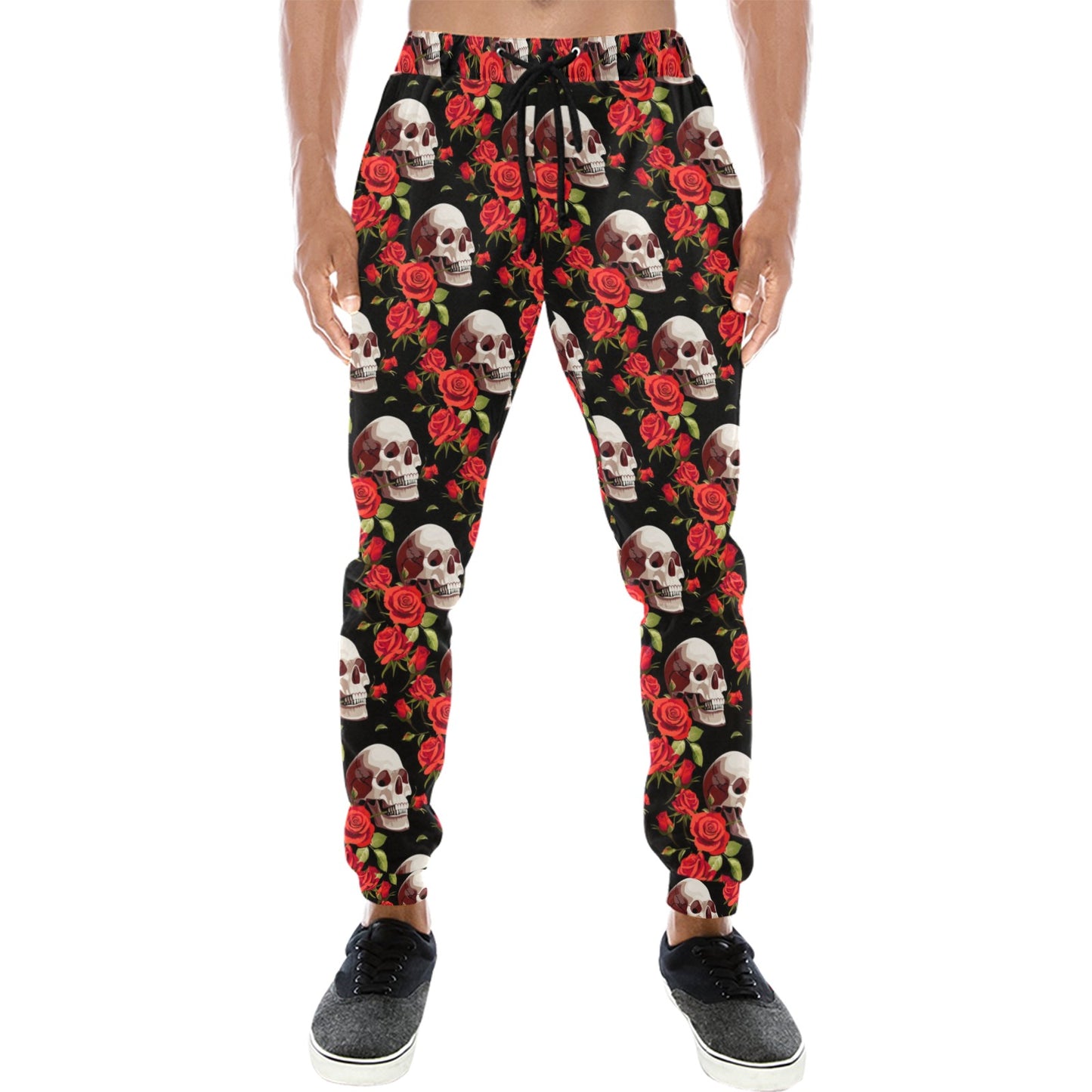Red Rose Skull Design Print Men's Sweatpants