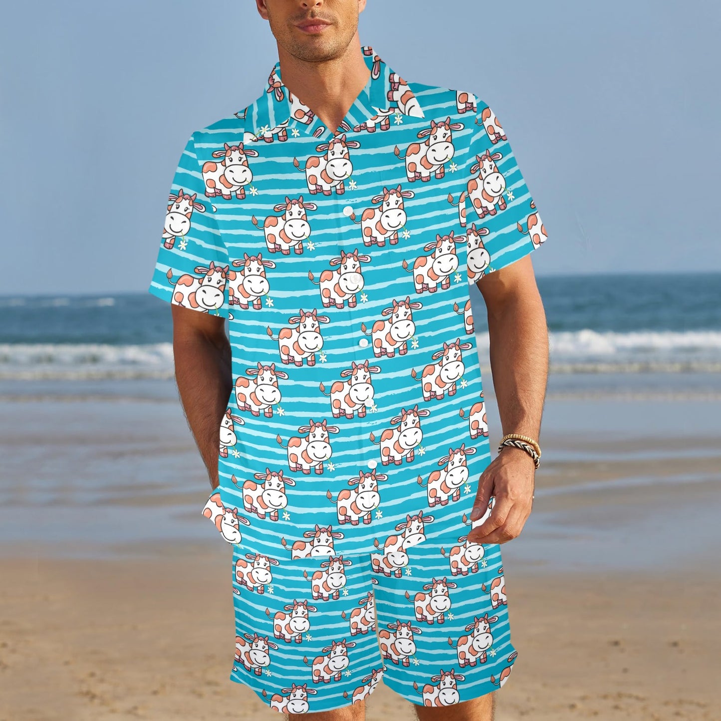 Cow Cute Print Pattern Men's Beach Shirt and Shorts Set