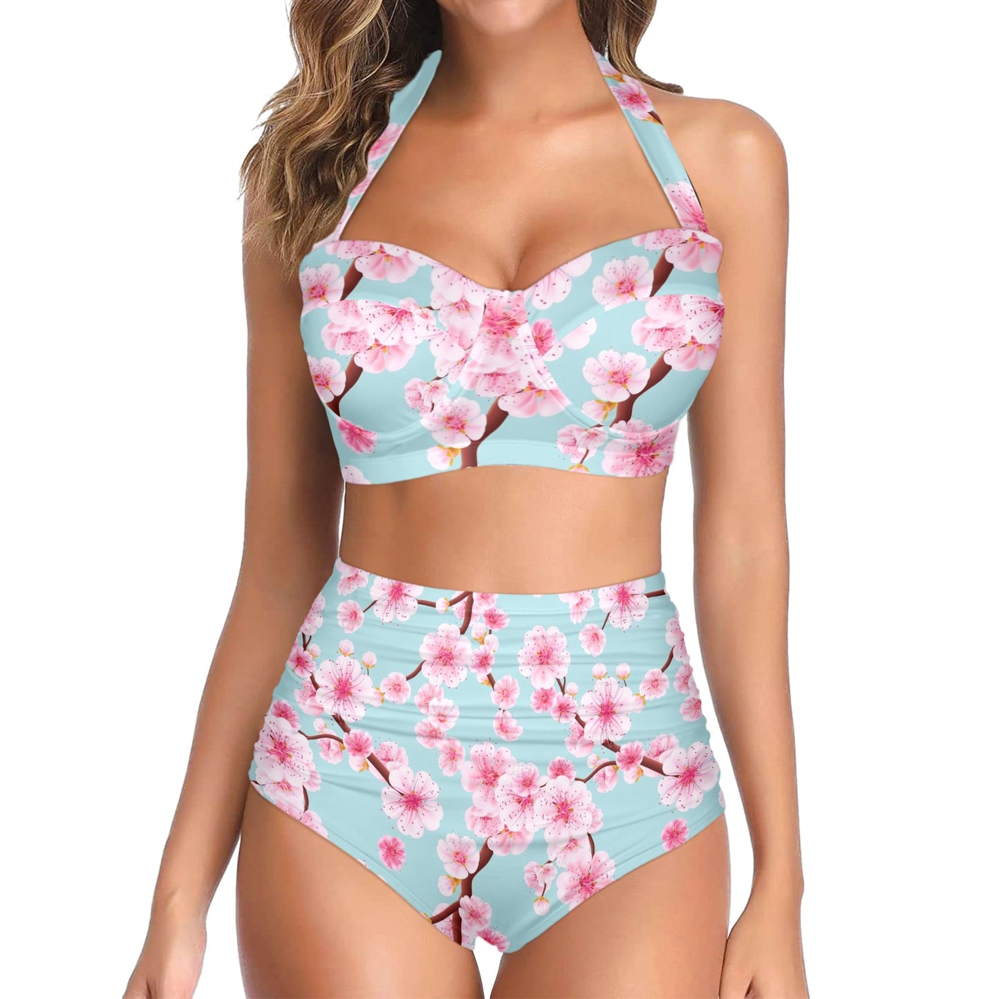 Cherry Blossom Pattern Print Design CB04 Halter Neck Bikini Swimsuit