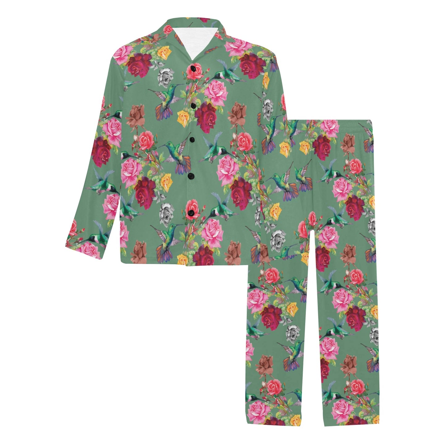 Hummingbird with Rose Themed Print Men's Long Pajama Set