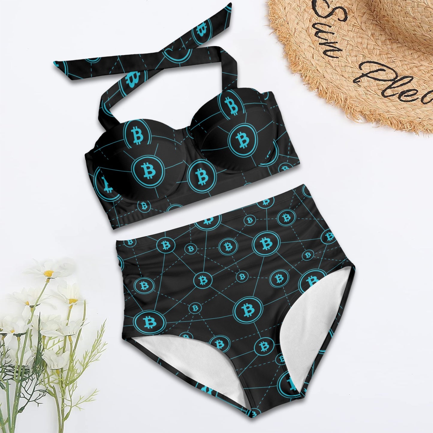 Cryptocurrency Pattern Print Design 01 Halter Neck Bikini Swimsuit
