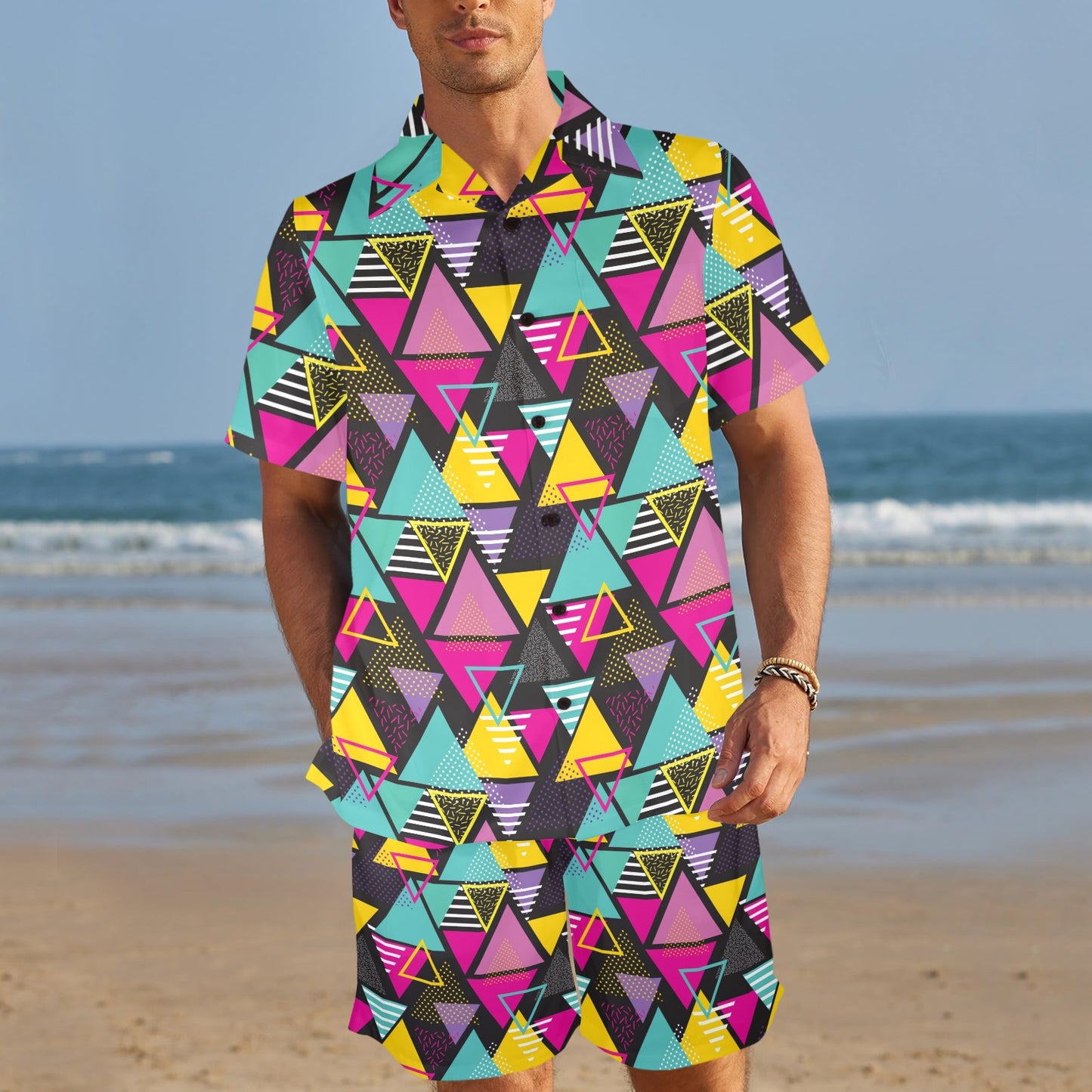 Geometric Colorful Pattern Print Design 02 Men's Beach Shirt and Shorts Set