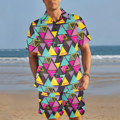 Geometric Colorful Pattern Print Design 02 Men's Beach Shirt and Shorts Set