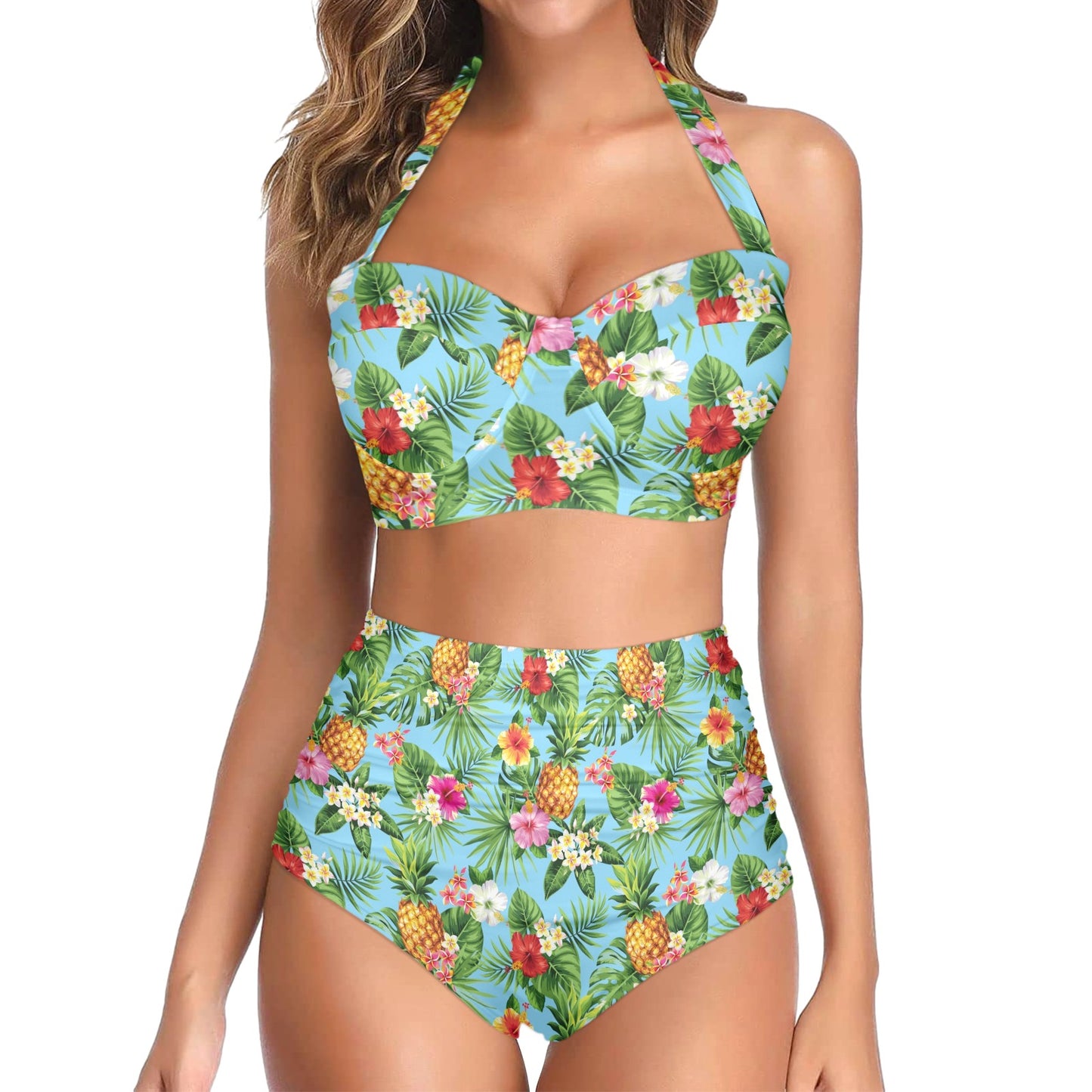 Pineapple Hawaiian flower Tropical Halter Neck Bikini Swimsuit