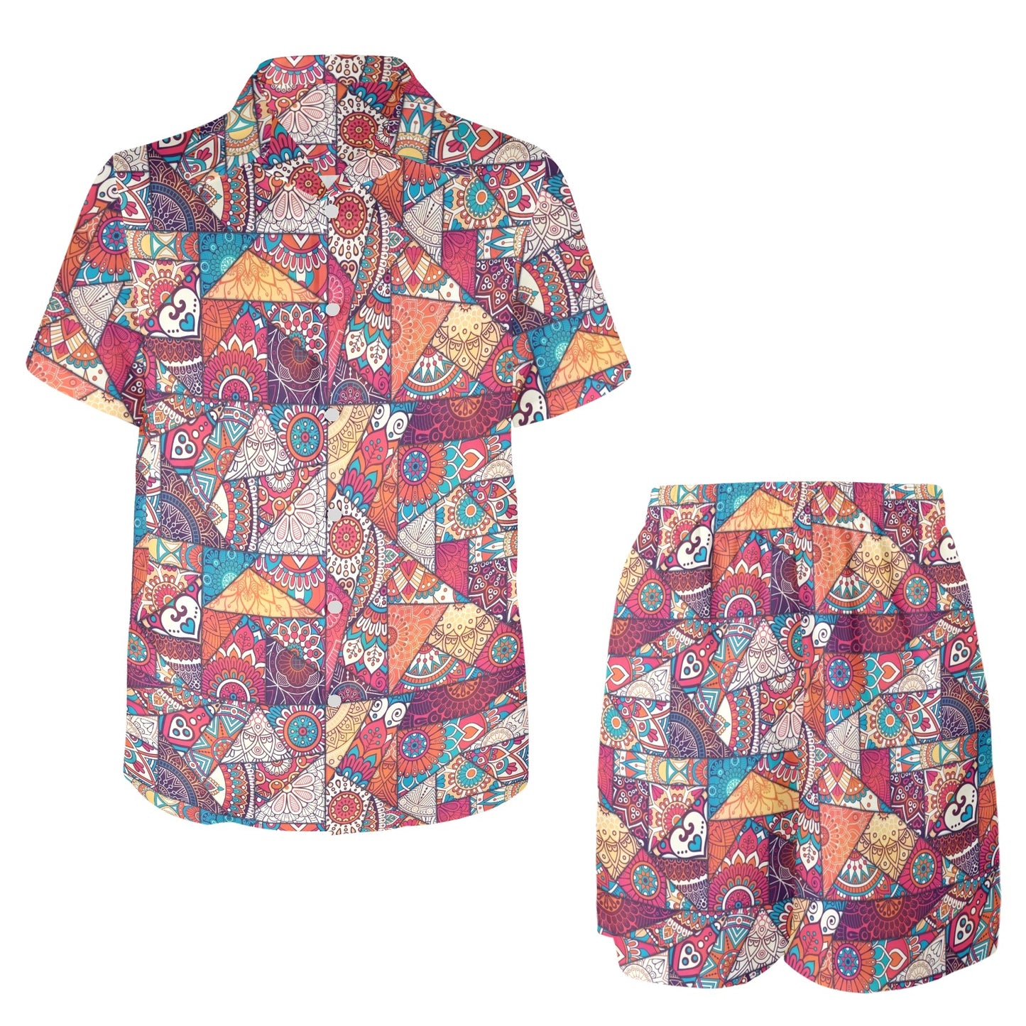 Patchwork Print Design LKS401 Men's Beach Shirt and Shorts Set