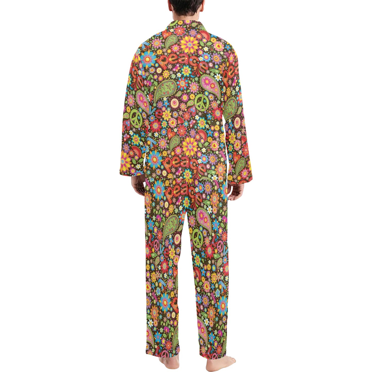 Flower Power Peace Paisley Themed Print Men's Long Pajama Set