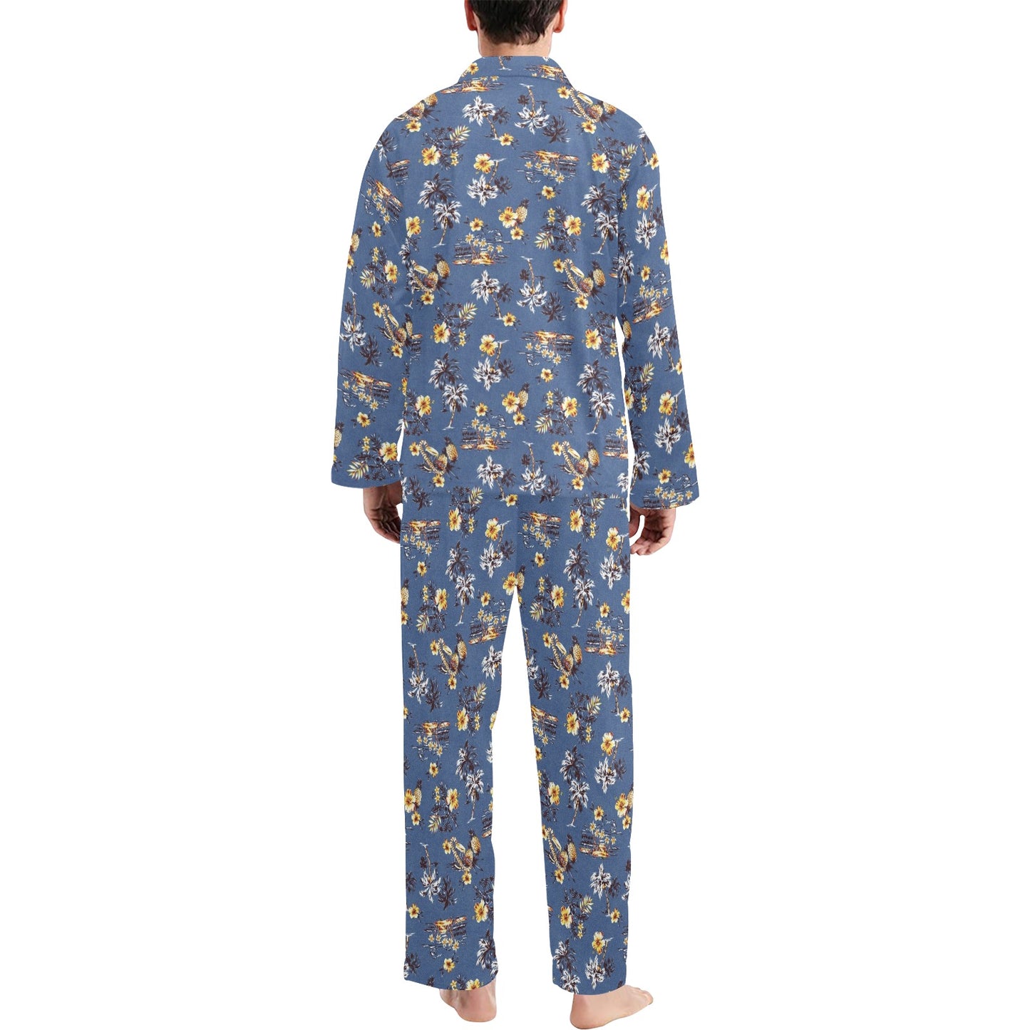 Hawaiian Flower Blue Print Men's Long Pajama Set
