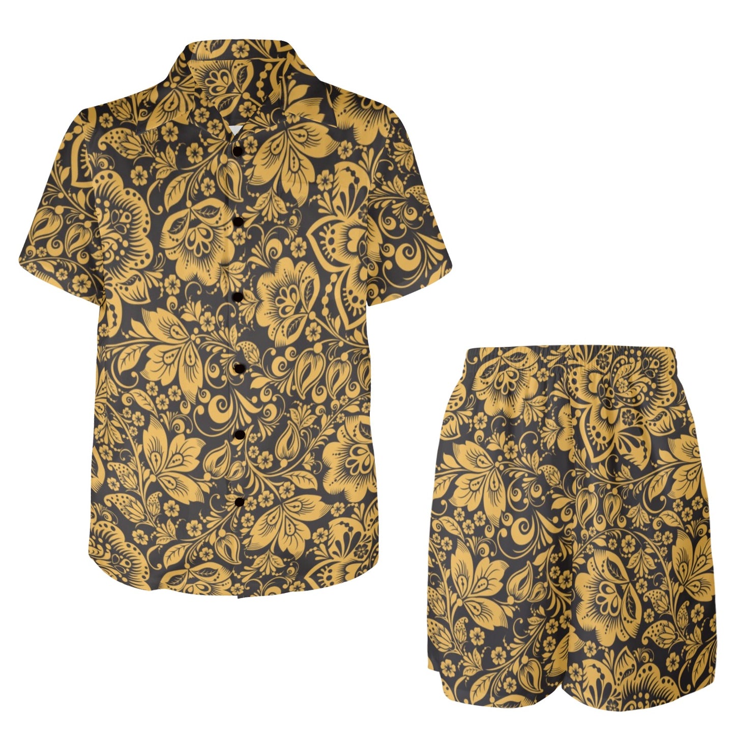 Brocade Gold Pattern Print Design 01 Men's Beach Shirt and Shorts Set