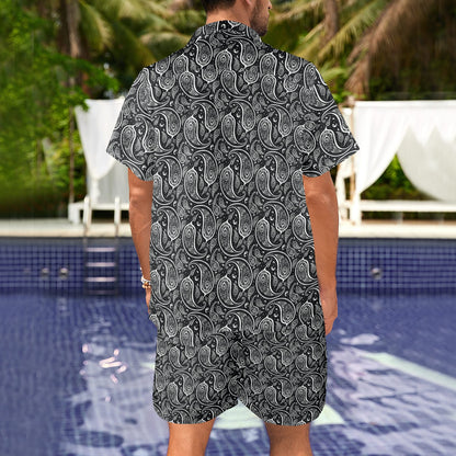 Paisley Black Design Print Men's Beach Shirt and Shorts Set
