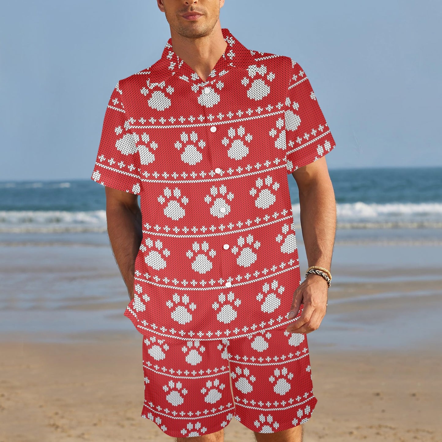 Knit Paw Pattern Print Design 03 Men's Beach Shirt and Shorts Set