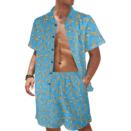 Trumpet Golden Pattern Themed Print Men's Beach Shirt and Shorts Set