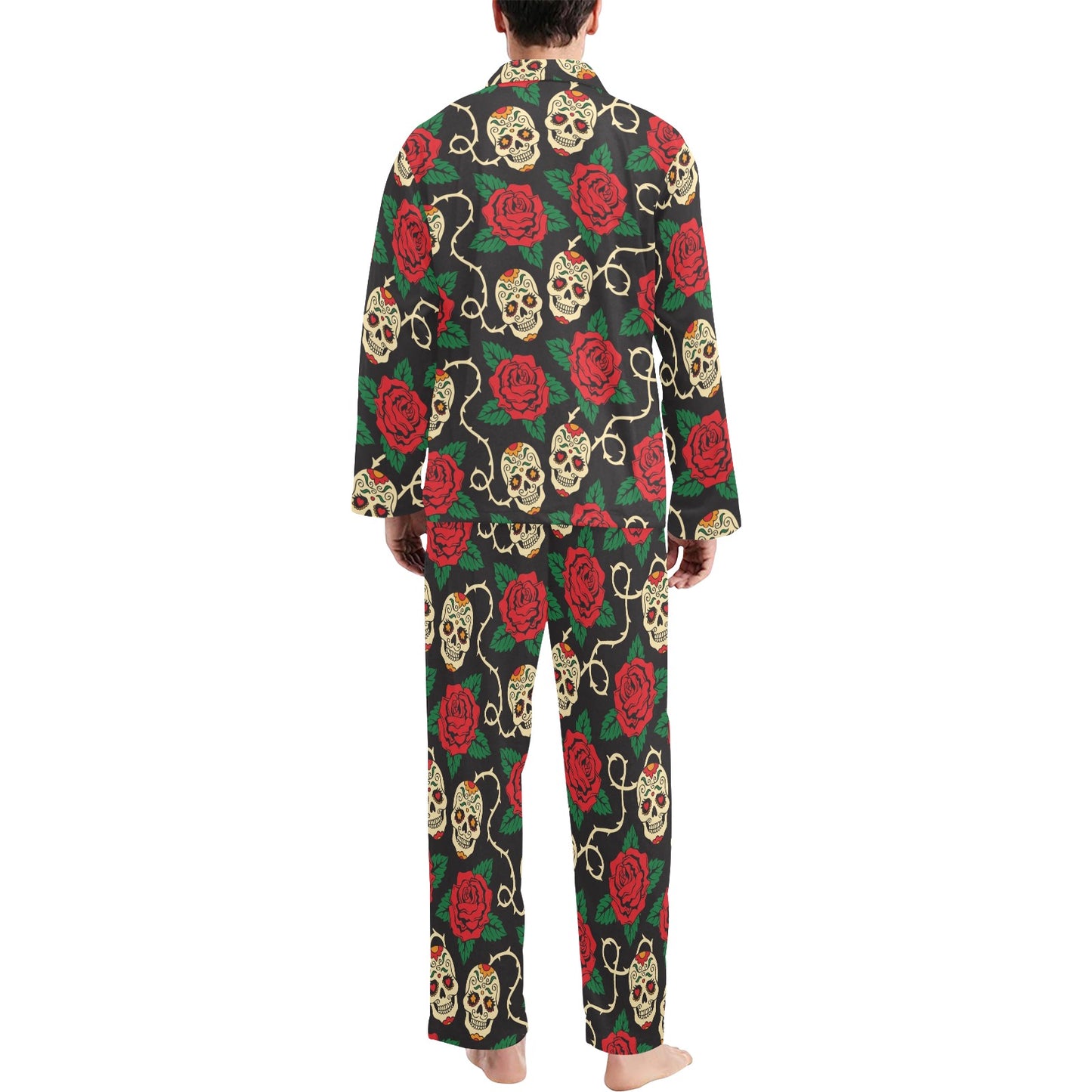 Sugar Skull Red Rose Print Design LKS301 Men's Long Pajama Set