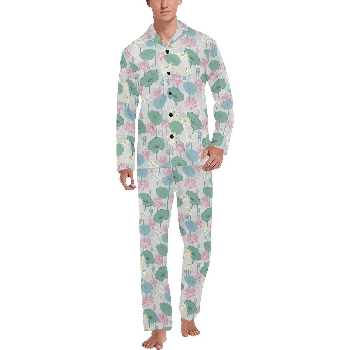 Water Lily Print Design LKS305 Men's Long Pajama Set