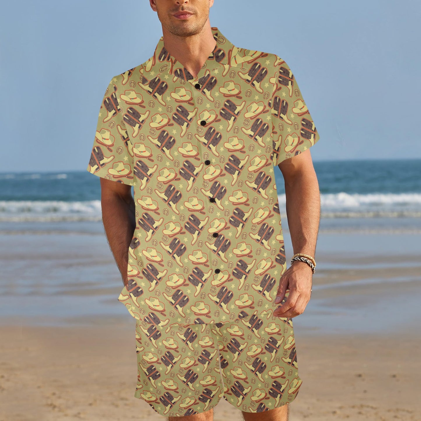 Western Cowboy Themed Men's Beach Shirt and Shorts Set