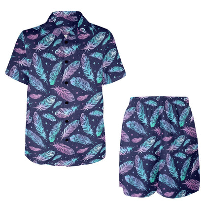 Feather Aztec Design Print Men's Beach Shirt and Shorts Set