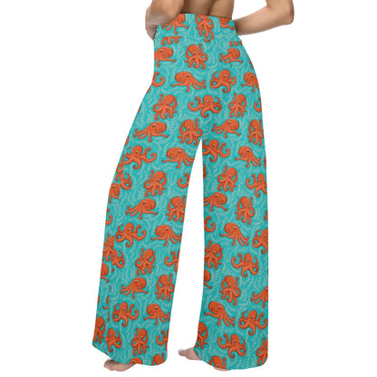 Octopus Cartoon Design Print Themed Women's Wide Leg Lounge Pants