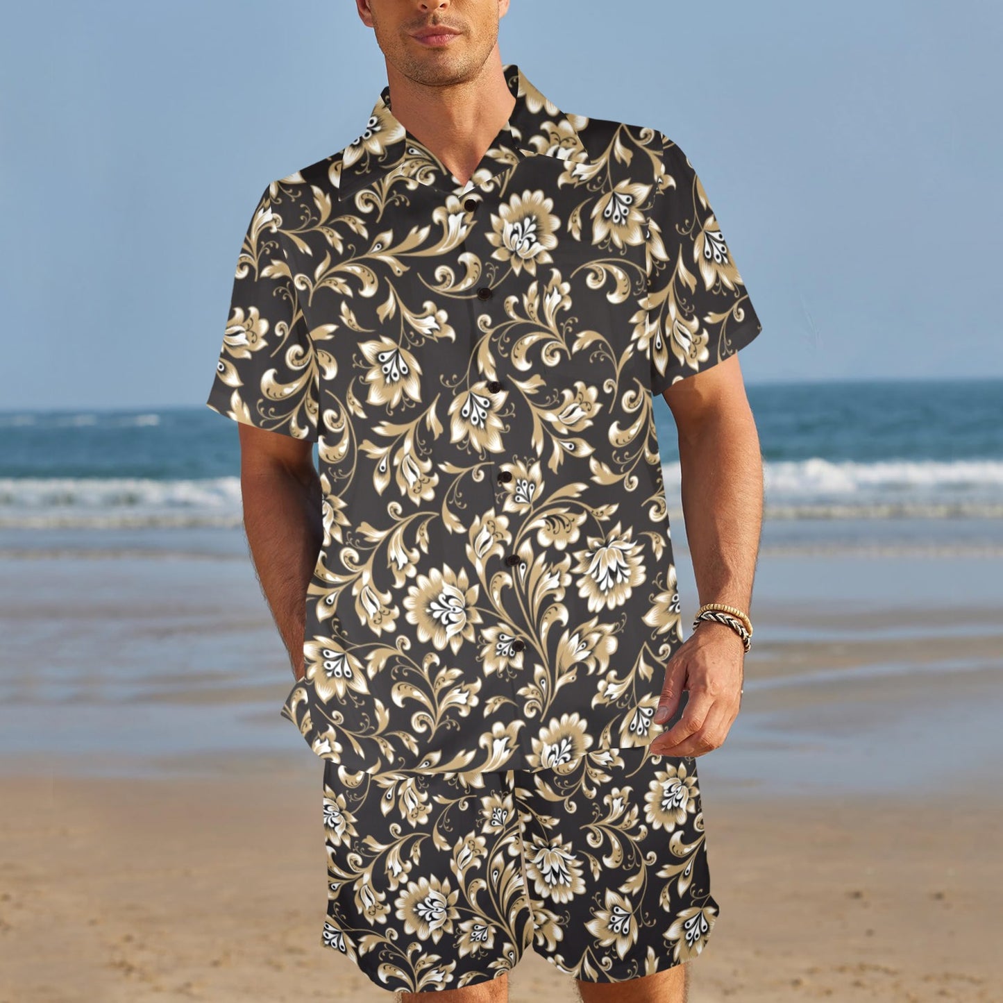 Brocade Pattern Print Design 03 Men's Beach Shirt and Shorts Set