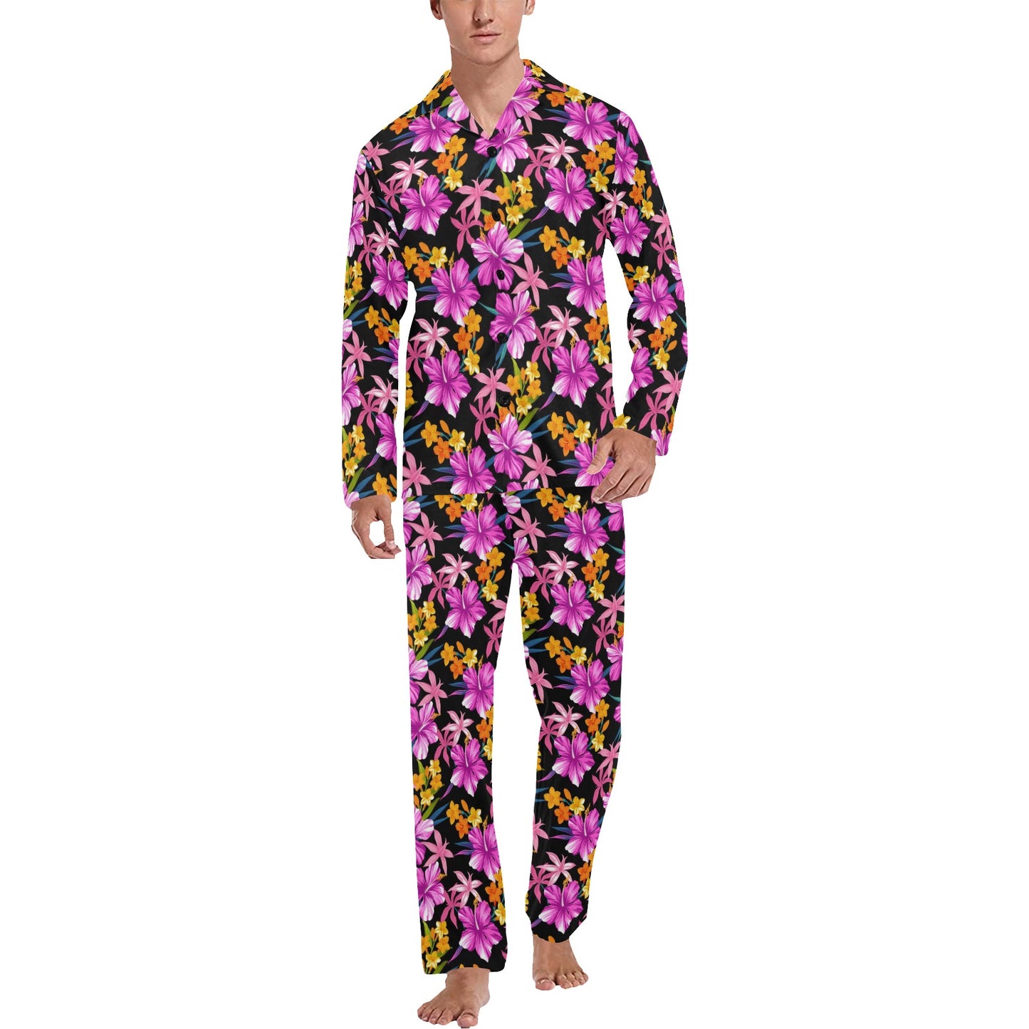 Tropical Folower Pink Hibiscus Print Men's Long Pajama Set