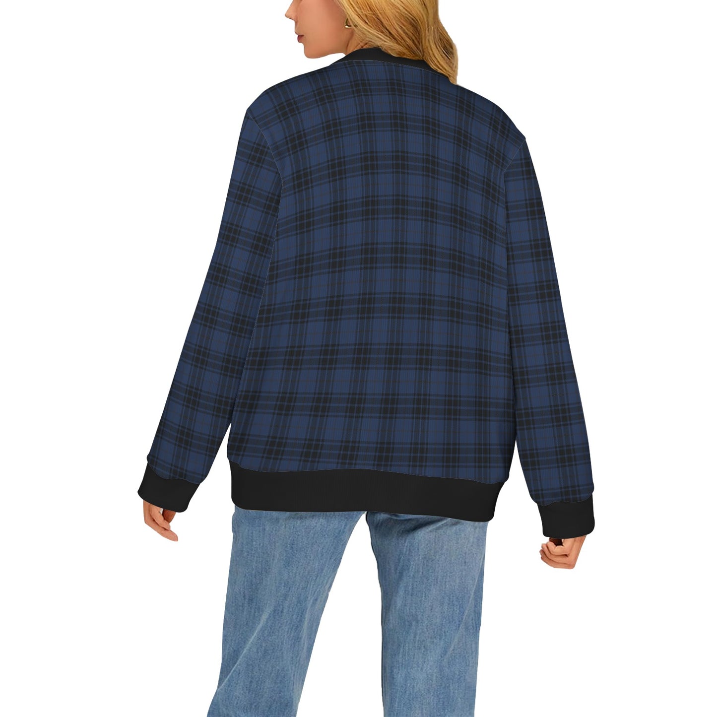Navy Blue Tartan Plaid Pattern Women's Cardigan