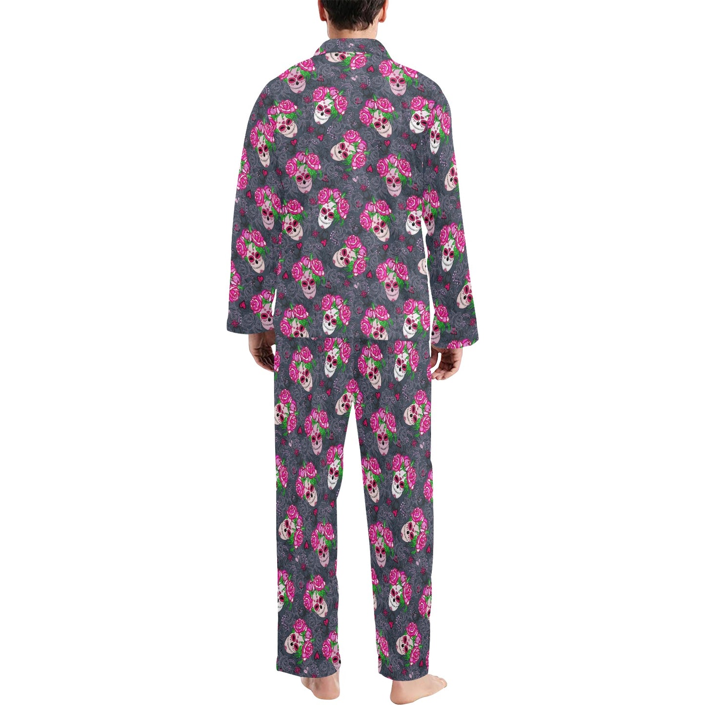 Sugar Skull Pink Rose Themed Print Men's Long Pajama Set
