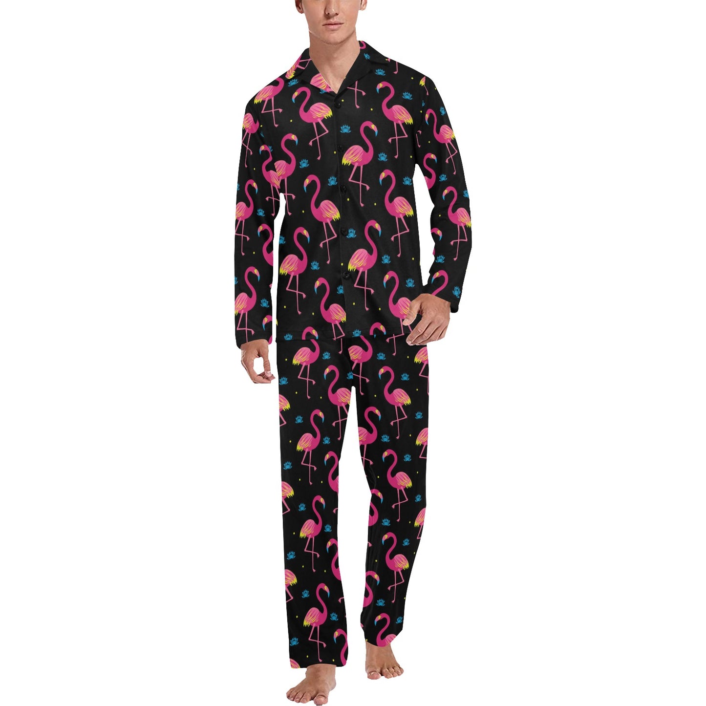 Flamingo Pink Neon Print Pattern Men's Long Pajama Set