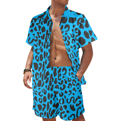 Cheetah Blue Print Pattern Men's Beach Shirt and Shorts Set