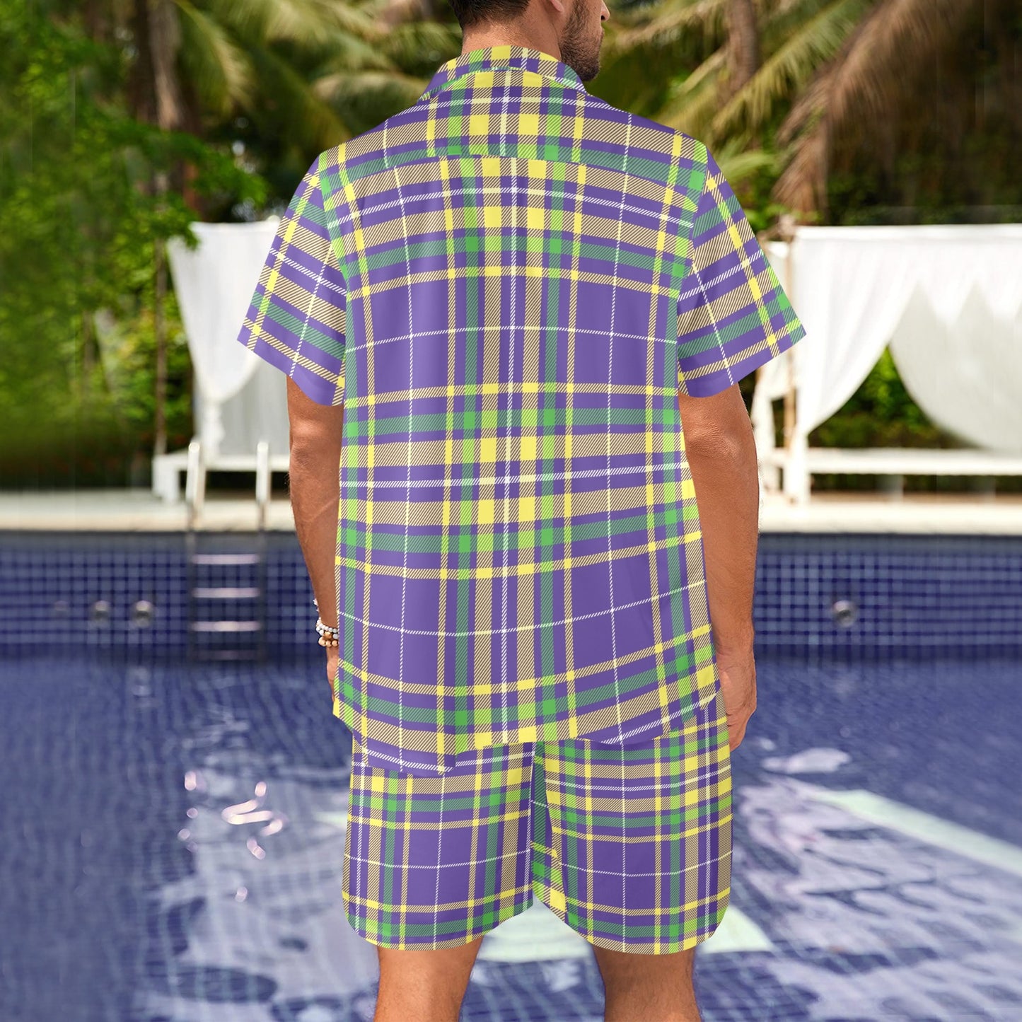 Mardi Gras Pattern Print Design 010 Men's Beach Shirt and Shorts Set