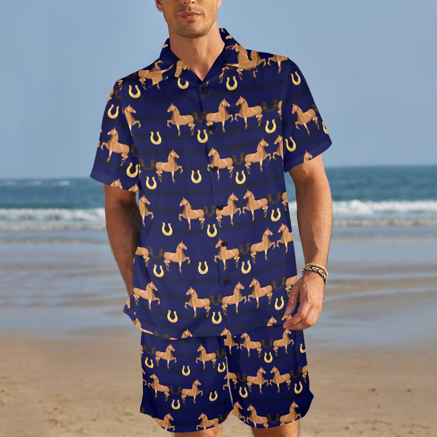 Horse Luxury Themed Pattern Print Men's Beach Shirt and Shorts Set