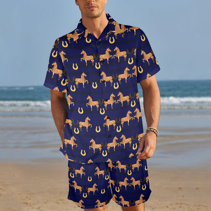 Horse Luxury Themed Pattern Print Men's Beach Shirt and Shorts Set