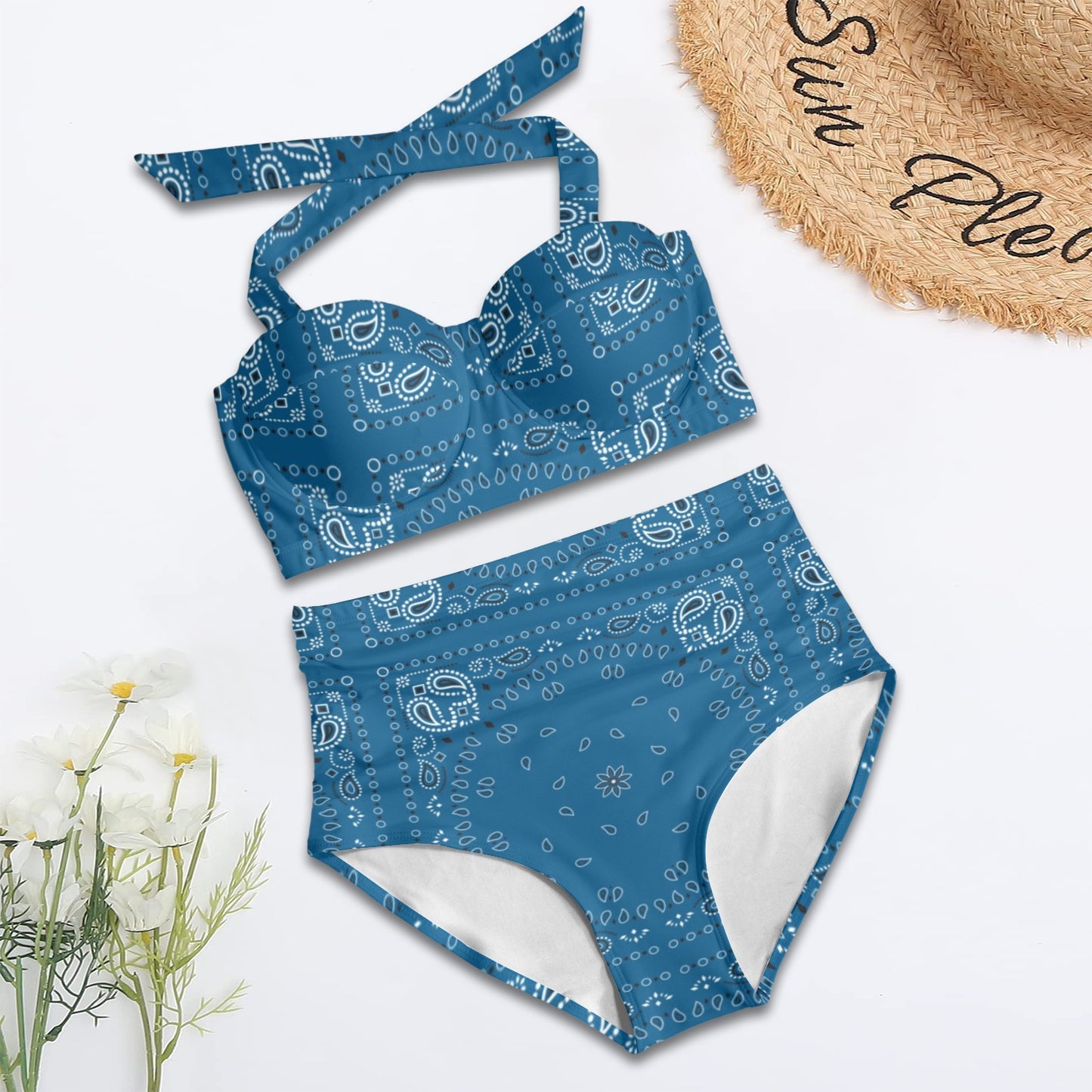 Bandana Blue Print Design LKS301 Halter Neck Bikini Swimsuit