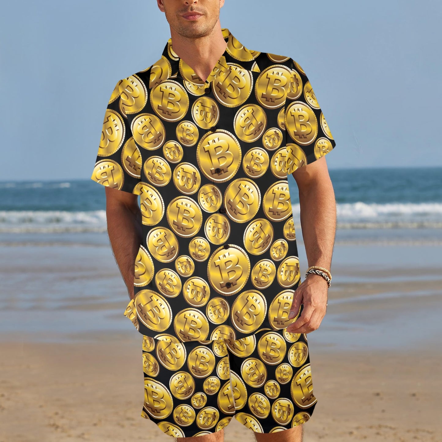 Bitcoin Pattern Print Design DO05 Men's Beach Shirt and Shorts Set