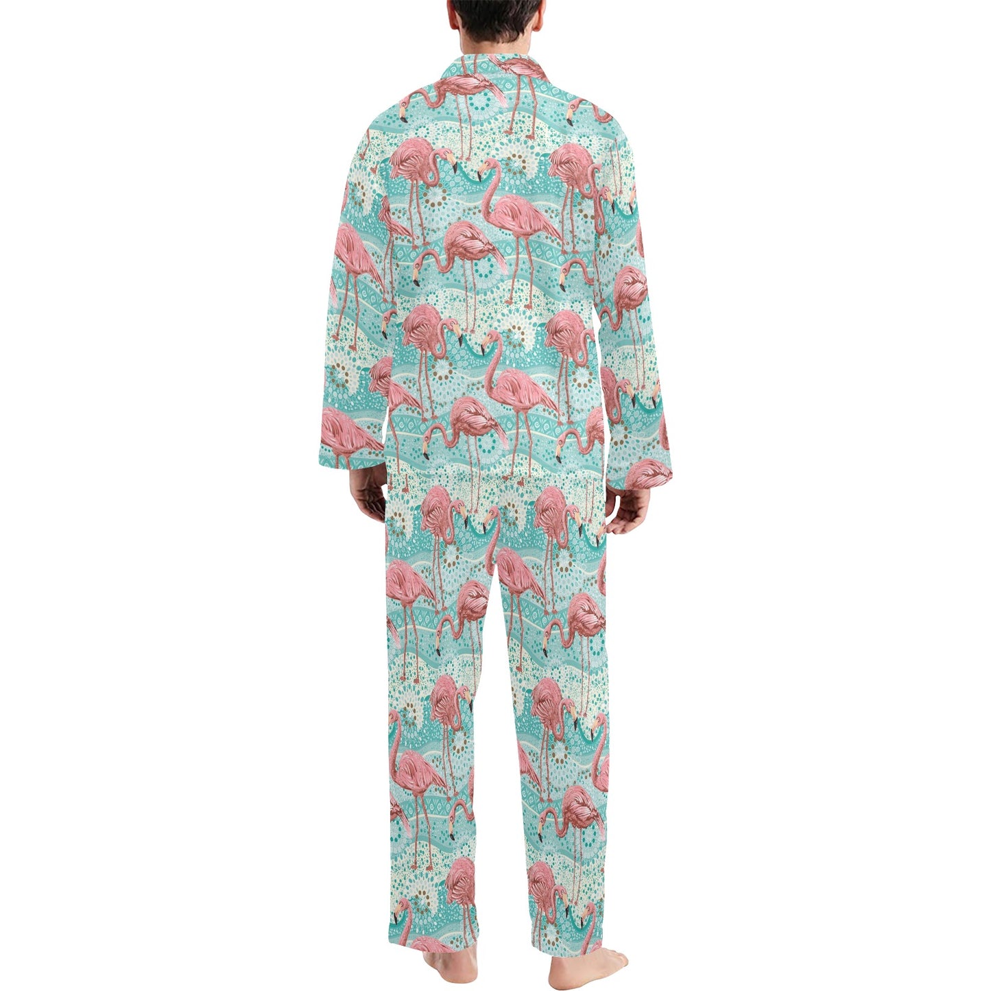 Flamingo Background Themed Print Men's Long Pajama Set