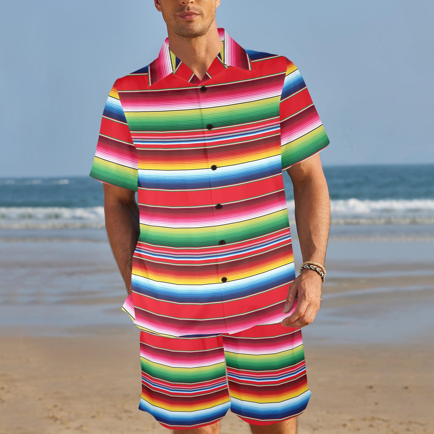 Serape Pattern Men's Beach Shirt and Shorts Set