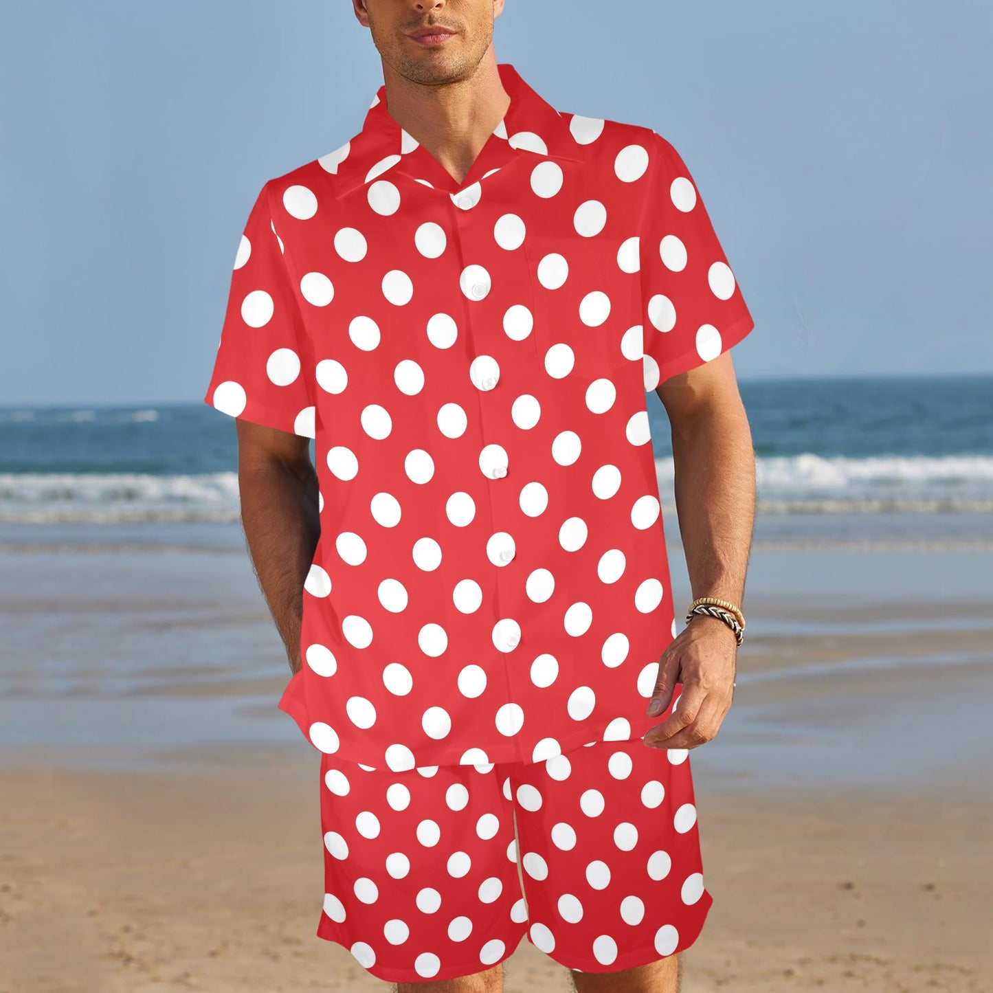 Polka Dot Red Pattern Print Design 04 Men's Beach Shirt and Shorts Set