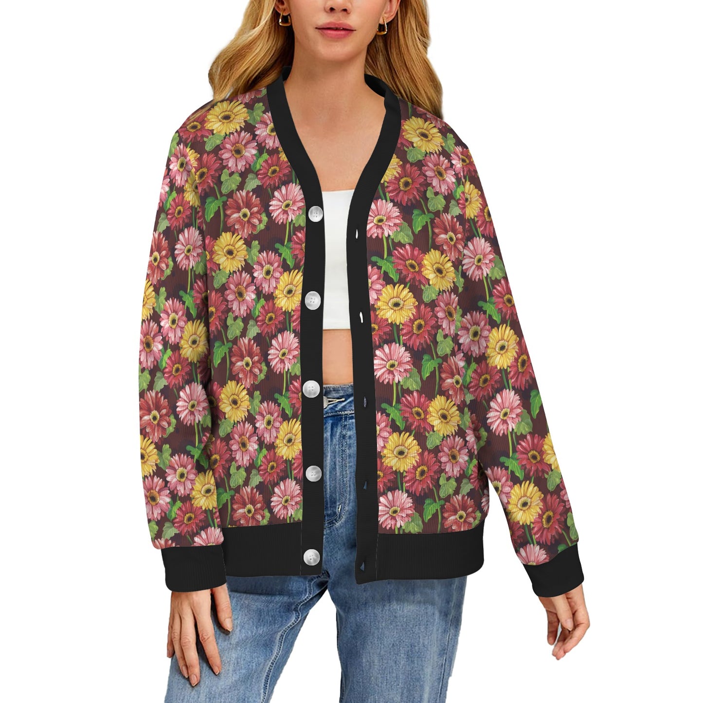 Daisy Gerbera Print Pattern Women's Cardigan