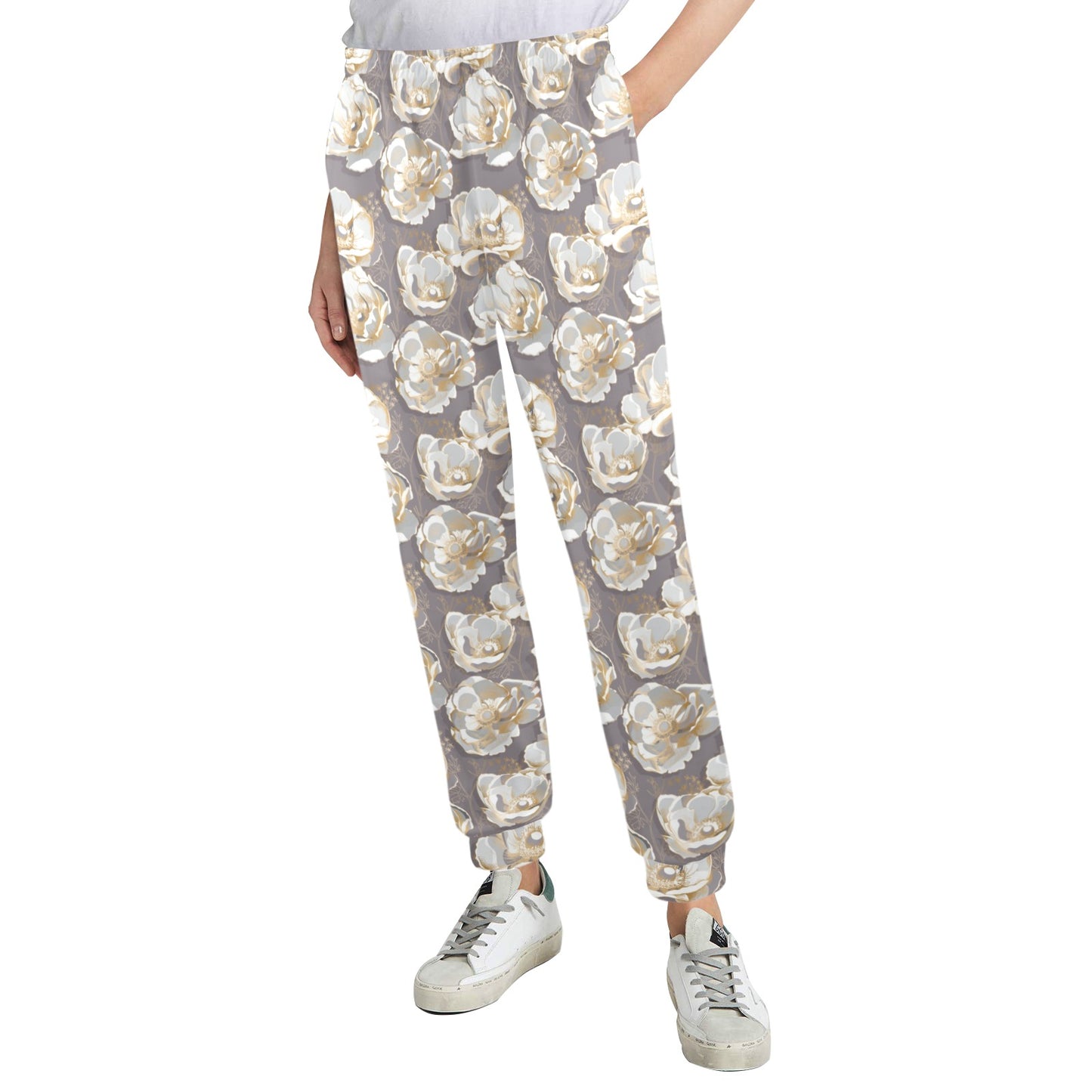 Elegant Grey Flower Print Women's Casual Track Pants