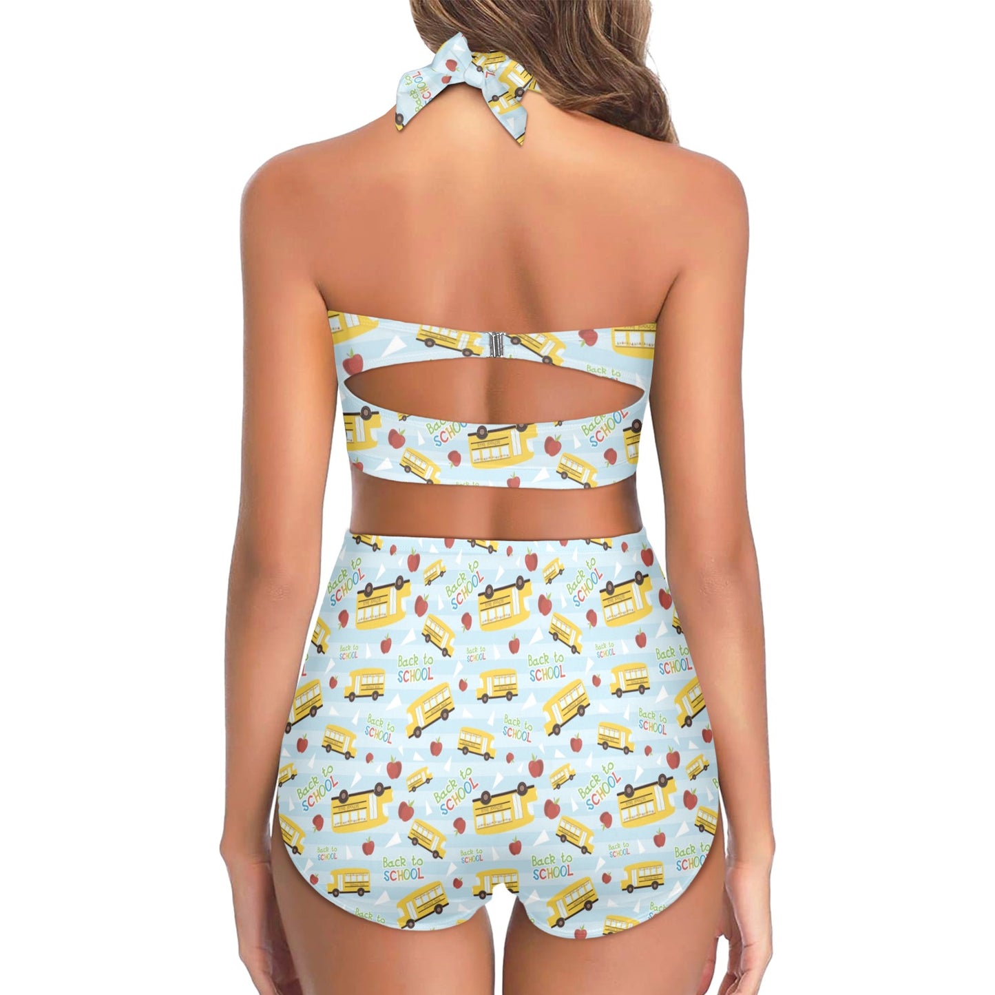 School Bus Back To School Print Design LKS303 Halter Neck Bikini Swimsuit