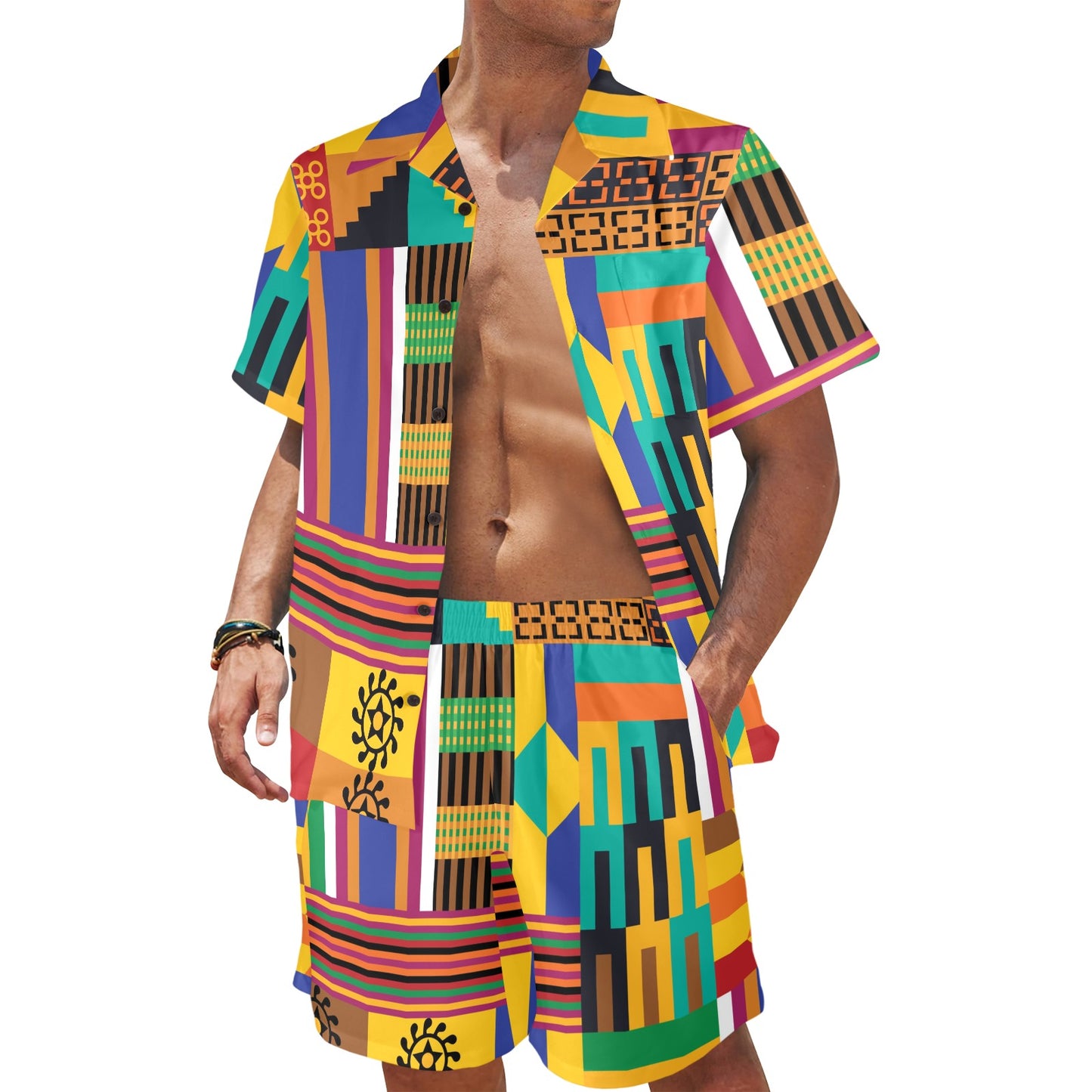 Kente Pattern Print Design 03 Men's Beach Shirt and Shorts Set