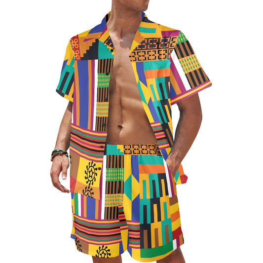 Kente Pattern Print Design 03 Men's Beach Shirt and Shorts Set