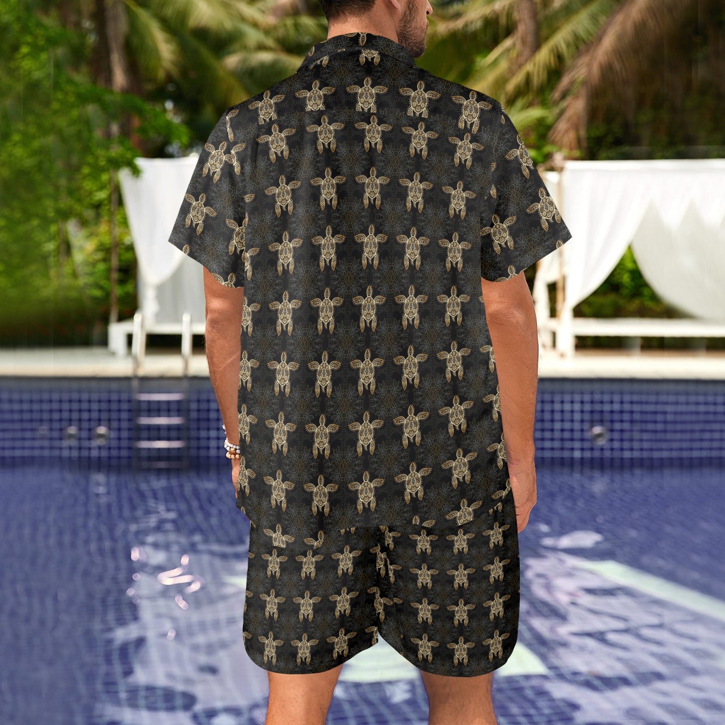 Gold Tribal Turtle Polynesian Design Men's Beach Shirt and Shorts Set