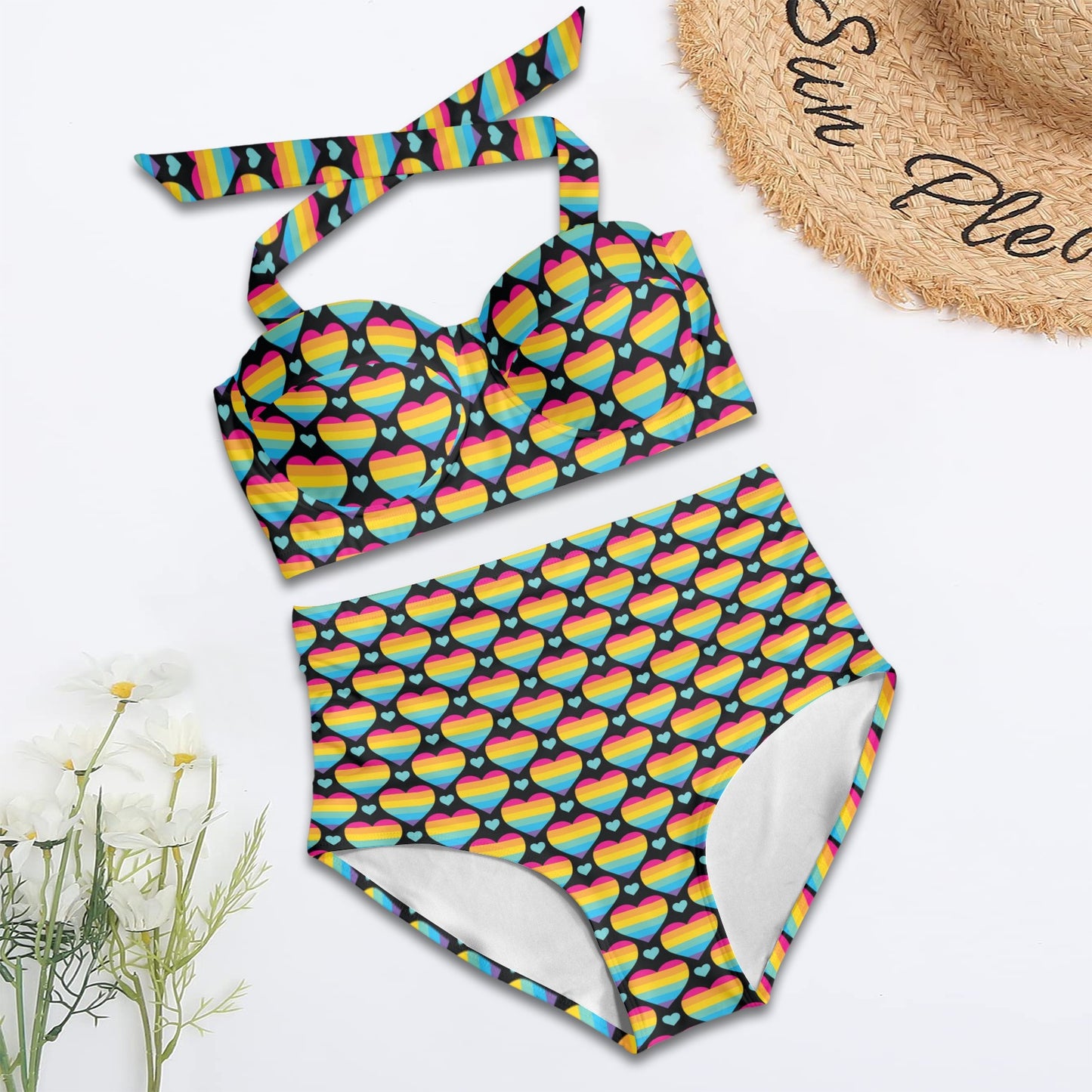 Rainbow Heart Print Pattern Halter Neck Bikini Swimsuit