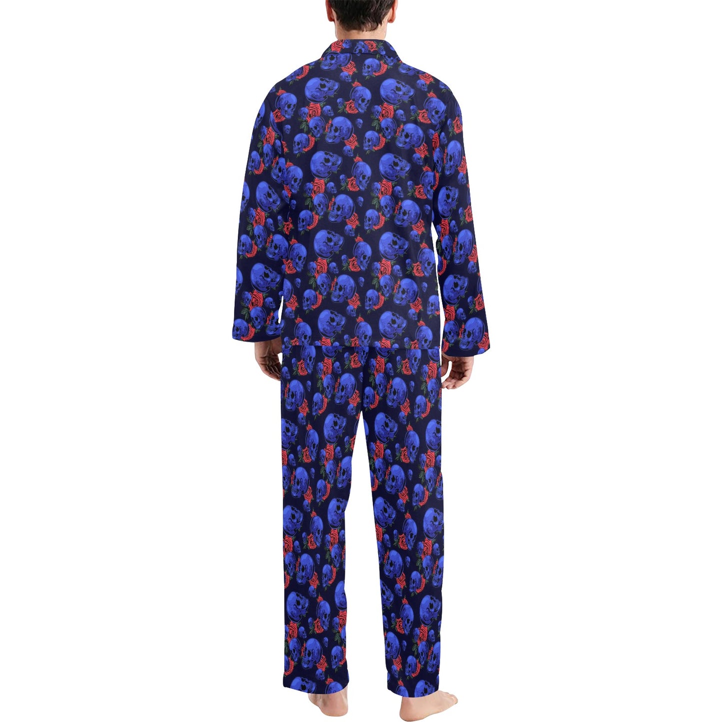 Skull Roses Neon Design Themed Print Men's Long Pajama Set