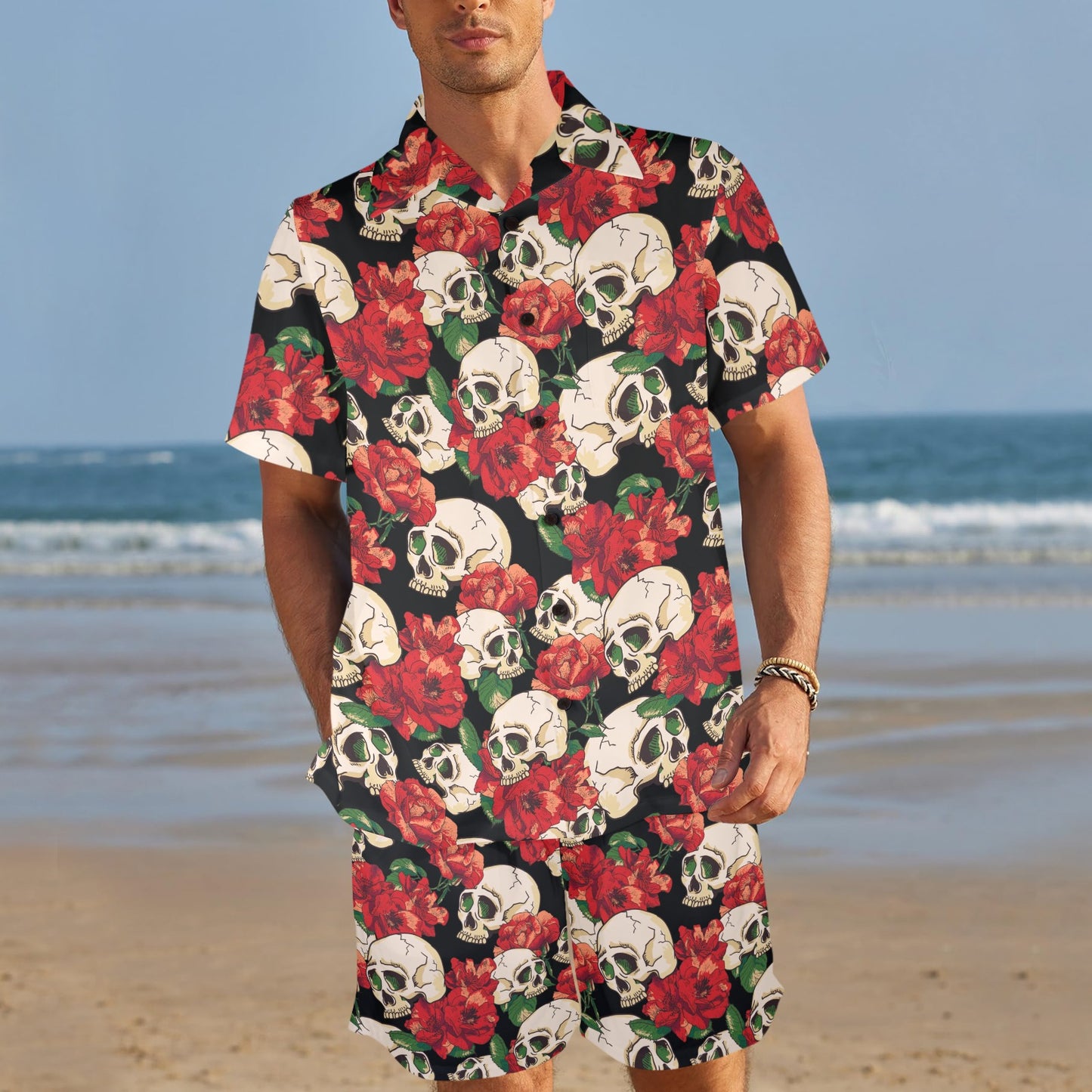 Skull Red Rose Men's Beach Shirt and Shorts Set