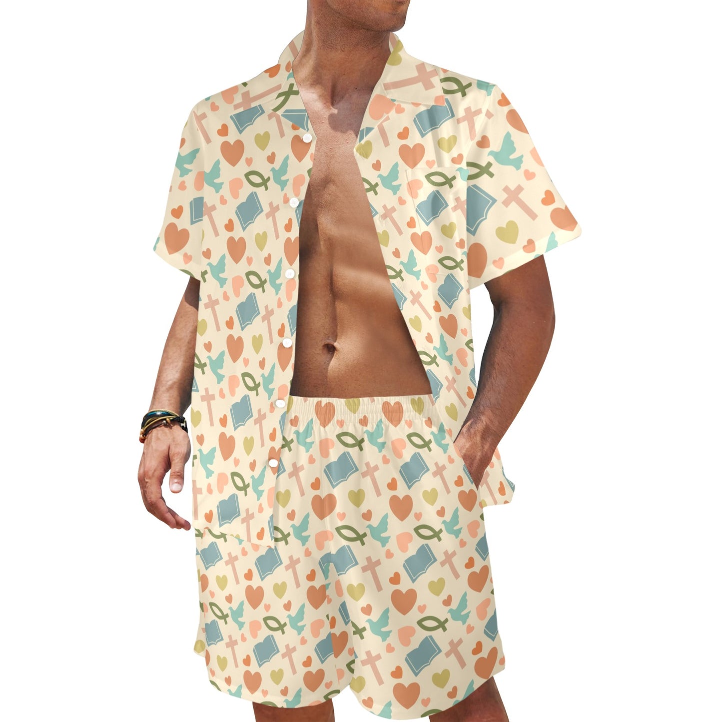 Christian Symbol Pattern Men's Beach Shirt and Shorts Set